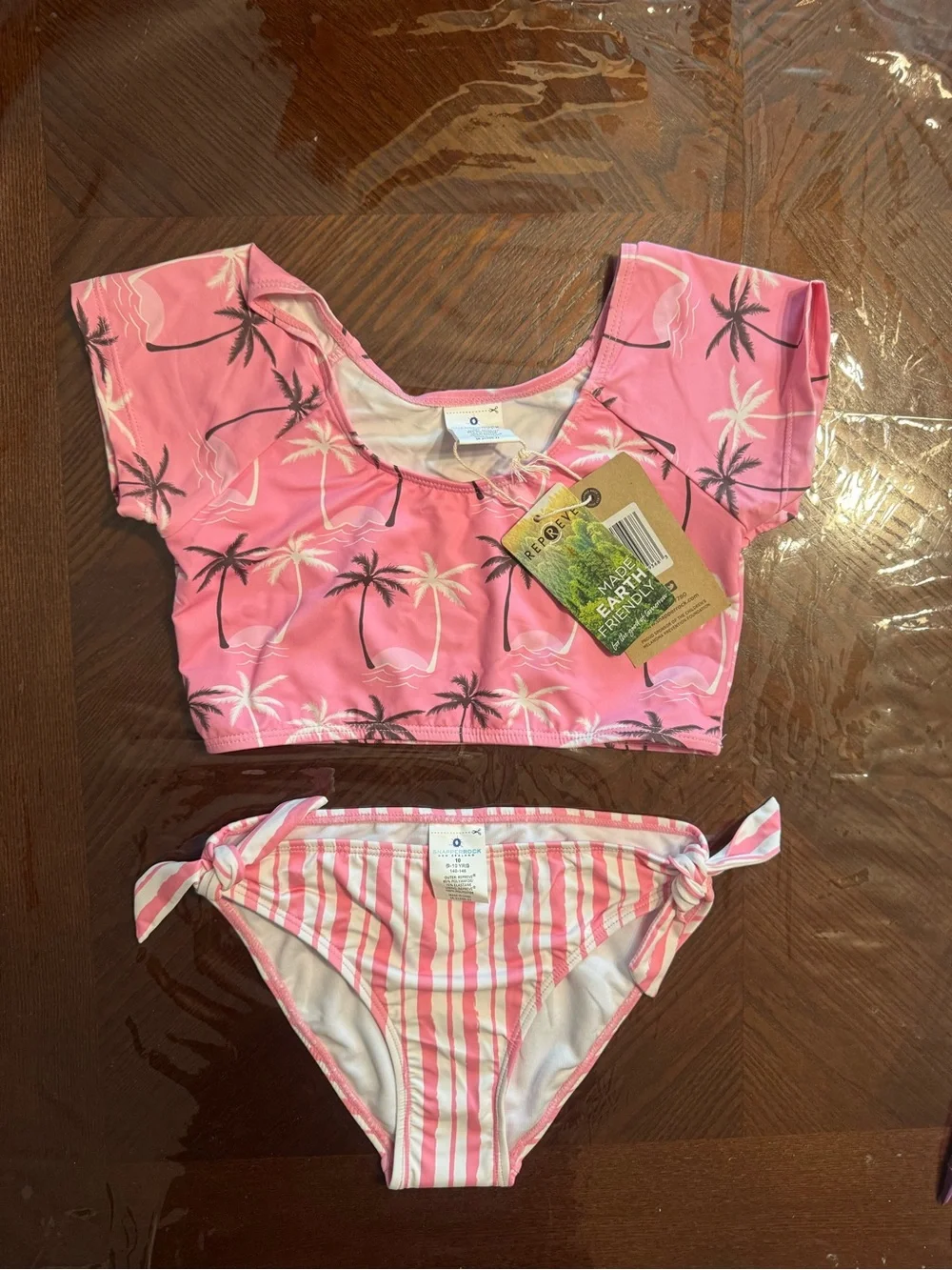 Kids Pink Palm-Print Two-Piece Swim Set